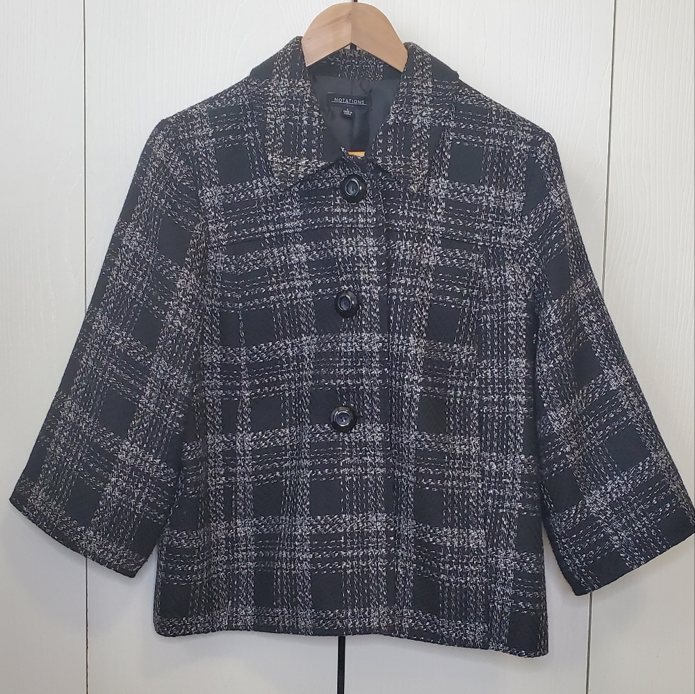 Notations L 3/4 sleeve jacket blazer black white plaid